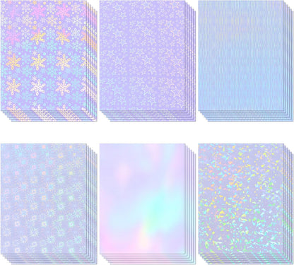 36 Sheets Holographic Sticker Paper, Clear Vinyl Laminate Film for Stickers Waterproof, Transparent Overlay Lamination Sticker Paper Self-Adhesive, 6 Patterns-8.5x11 Inch