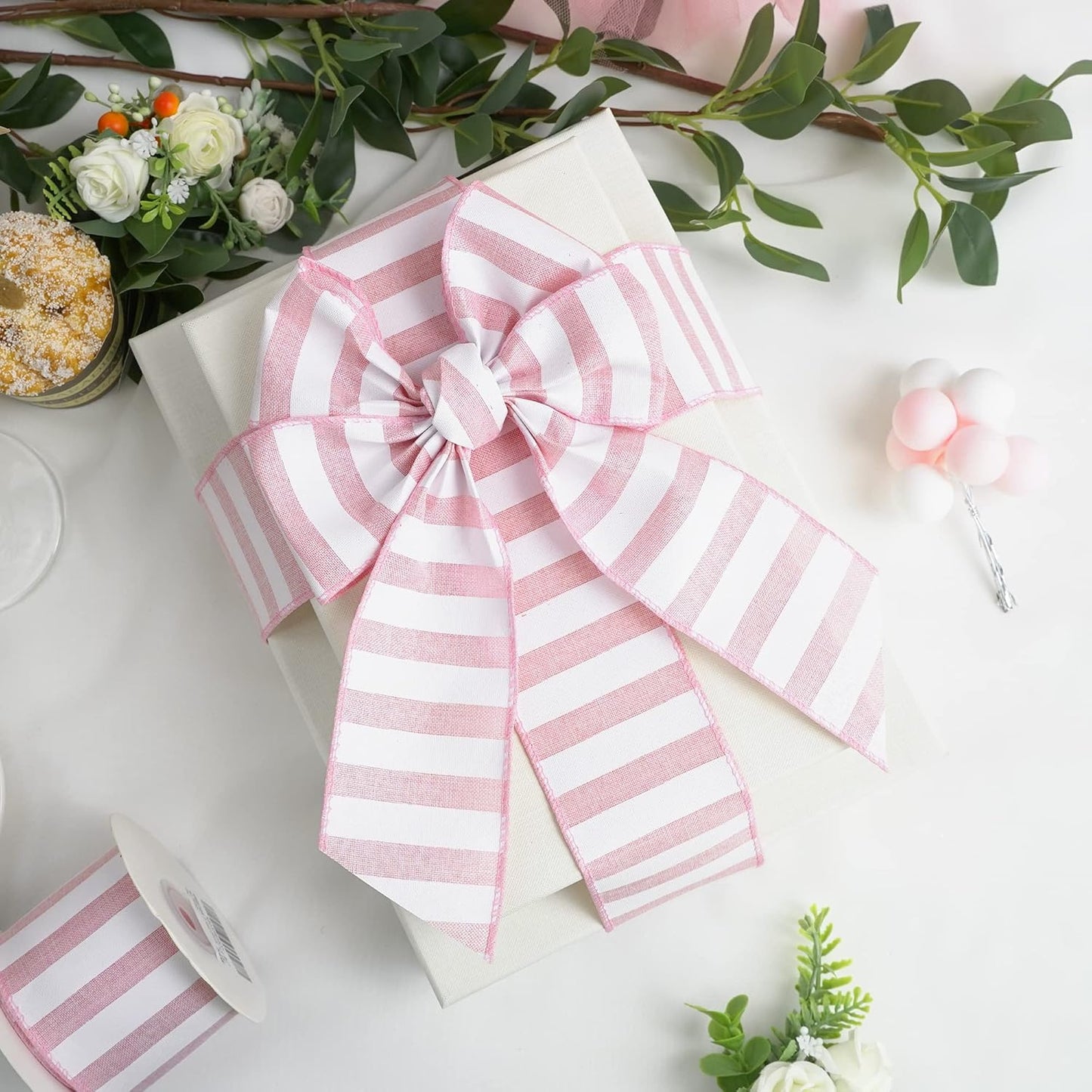 MEEDEE Pink Striped Burlap Ribbon - 2.5 Inch Wired Ribbon for Baby Girl Wreaths & Cakes, 10 Yards - Crafty Corner