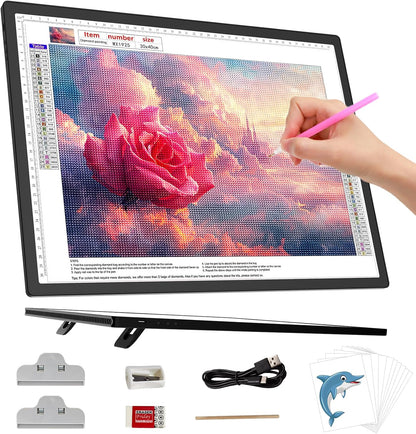 HIUKCOLED A3 Built-in Tilt Stand Light Tracing Box, 6-level＆Stepless Dimmable Adjustable Brightness Light Pad with 3 Colors,Battery Powered LED Light Board for Drawing,Diamond Painting,Sketching,X-Ray
