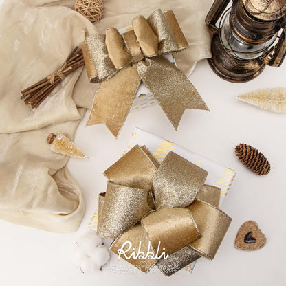 Ribbli Champagne Gold Velvet Wired Ribbon 2.5 Inch Khaki Velvet with Champagne Glitter Christmas Ribbon for Christmas Tree Decoration Big Bow Gift Wrapping Crafts Wreaths Supplies- 10 Yards - Crafty Corner