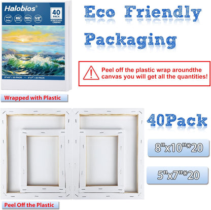 Blank Canvas for Painting, Bulk Pack of 40-8x10 inches, 5x7inch(20 of Each), 100% Cotton, Primed, 5/8 Inch Profile of Super Value Canvas Pack for Acrylics, Oils & Other Painting Media