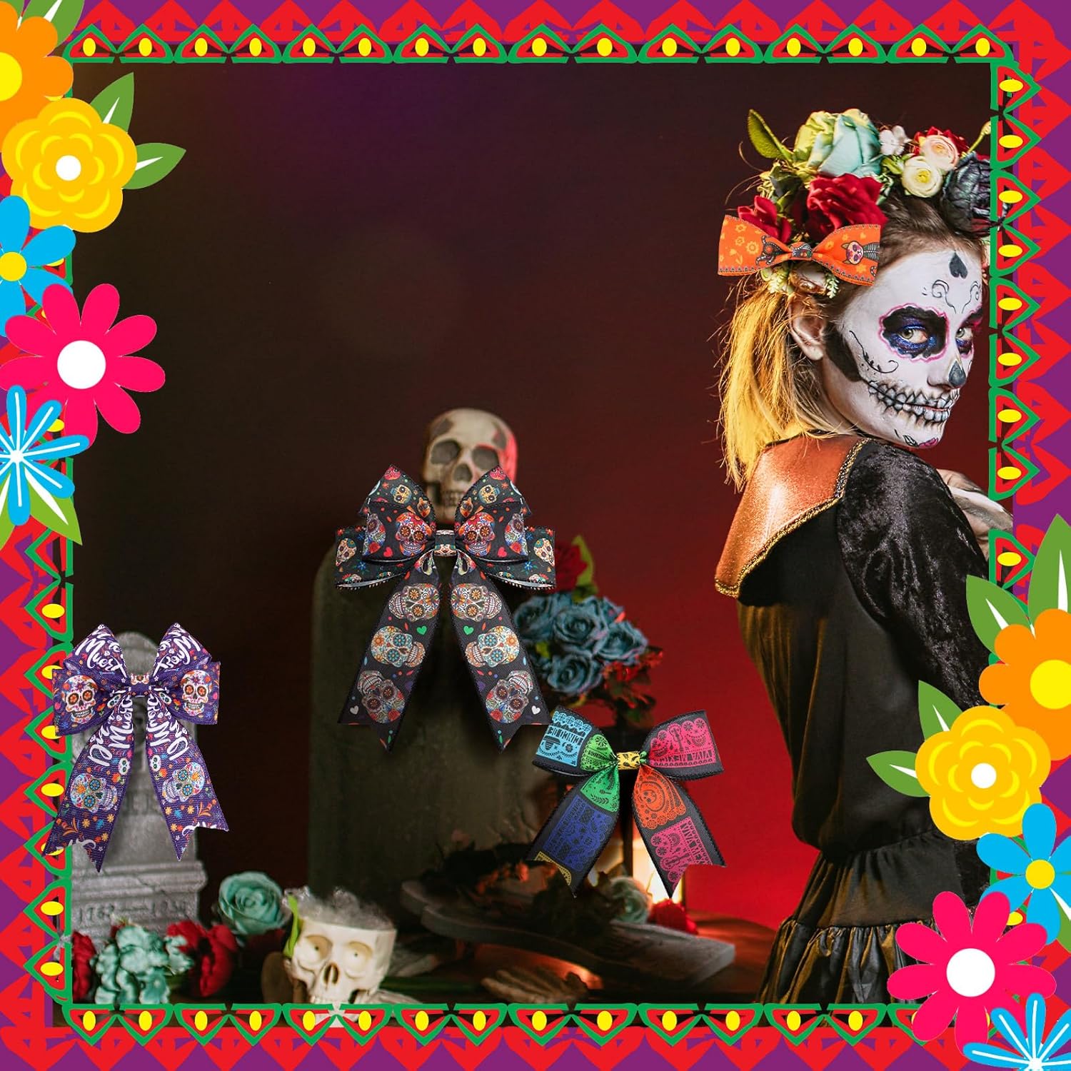 12 Rolls 60 Yards Day of The Dead Wired Edge Ribbons Black Purple Sugar Skull Flower Burlap Ribbon Dia De Los Meurtos Ribbon for Halloween Party DIY Craft Wreath Decor - Crafty Corner