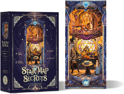 DIY Book Nook Kit, Miniature Dollhouse Booknook Kit, 3D Wooden Puzzle Bookend Bookshelf Insert Decor Diorama Kit with LED Light for Teens and Adults (Star Map Secrets)