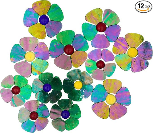 Yuvori Iridescent Flower Mosaic Tiles – 12pcs Mixed Sizes, 5-Petal Iridescent Mica Flowers with Center Beads for DIY Mosaic Art, Fairy Garden, Home Craft, Outdoor Decor (Iridescent Green)
