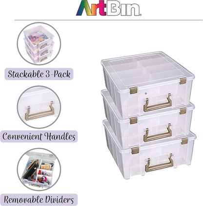 ArtBin 6990ZZ Super Satchel Double Deep 3-Pack, Portable Art & Craft Organizers with Handles, [3] Plastic Storage Cases, Clear & Gold