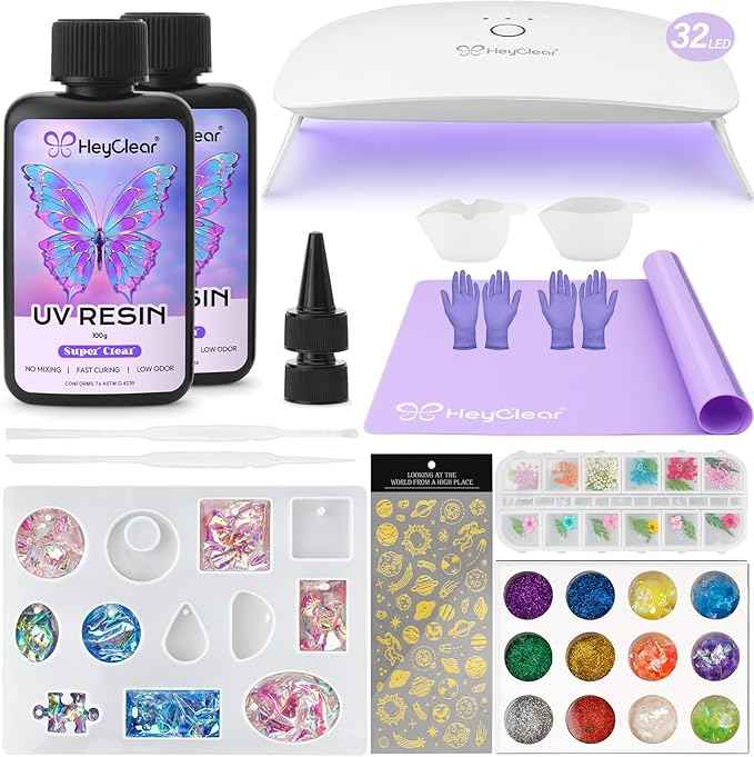 HeyClear UV Resin Kit 200g with Upgraded Large UV Light, Molds and Casting Tools -Super Clear, Hard, Premixed and Fast Curing UV Glue for Coating, Jewelry Making, DIY Craft Decorations