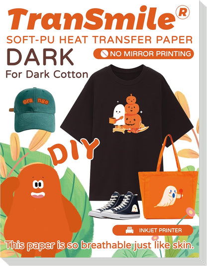 TranSmile PU-Heat Transfer Paper for Inkjet Printer (20 Sheets, 8.5x11", Dark) Iron on Transfers for Dark Fabric, Printable Heat Transfer Vinyl for T Shirts, Vibrant & Washable