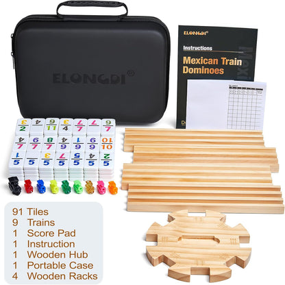 Mexican Train Dominoes Set with 4 Wooden Trays/Racks and Portable Carrying Case,Travel Colorful Double 12 Dominoes - 91 Numbered Tiles,for Kids and Adults