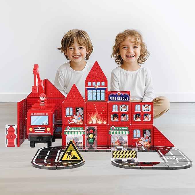 Fire Station Magnetic Tiles Set 60PCS | STEM Magnetic Building Blocks with Fire Trucks & Cranes | Educational Construction Toy for Kids Ages 3–8 | Compatible with All Tile Brands