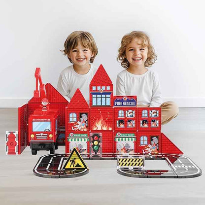 Fire Station Magnetic Tiles Set 60PCS | STEM Magnetic Building Blocks with Fire Trucks & Cranes | Educational Construction Toy for Kids Ages 3–8 | Compatible with All Tile Brands