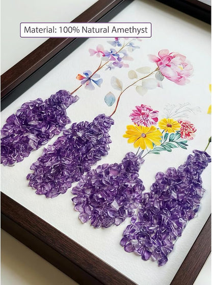 Boohyjtong DIY Real Amethyst Crystal Art Kit with Frame - 3D Purple Gemstone Vase Wall Decor - Natural Healing Stone Mosaic Craft for Adults - Relaxing February Birthstone Gift for Women