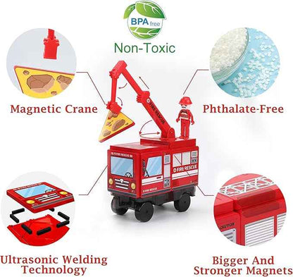 Fire Station Magnetic Tiles Set 60PCS | STEM Magnetic Building Blocks with Fire Trucks & Cranes | Educational Construction Toy for Kids Ages 3–8 | Compatible with All Tile Brands