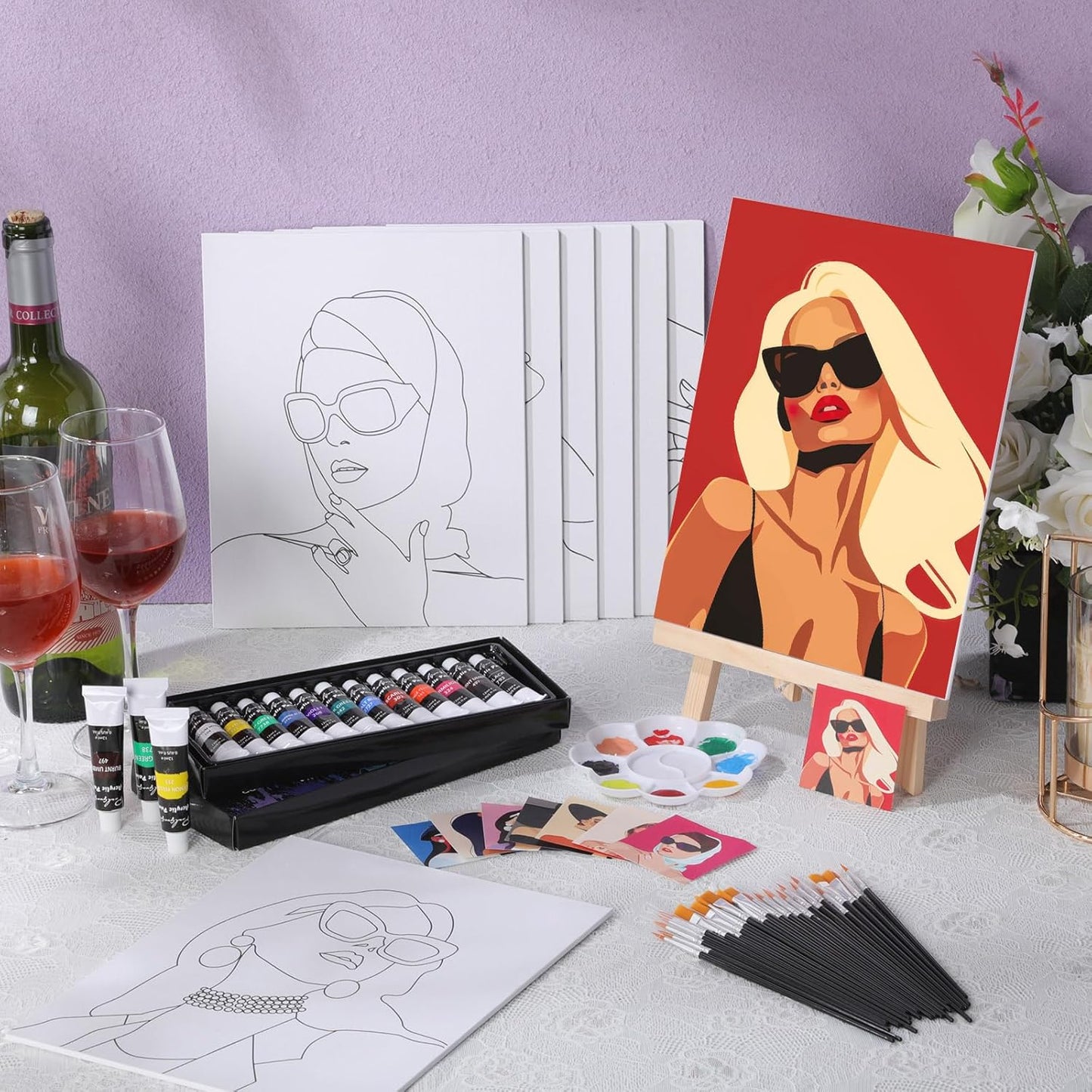 Cholemy 36 Pcs Paint and Sip Kit for Adults 8''x10'' Pre Drawn Canvas for Painting DIY Afro Acrylic Painting Kit Wood Easel Brushes Date Night Bulk for Christmas Party Gifts(Modern Woman) - Crafty Corner