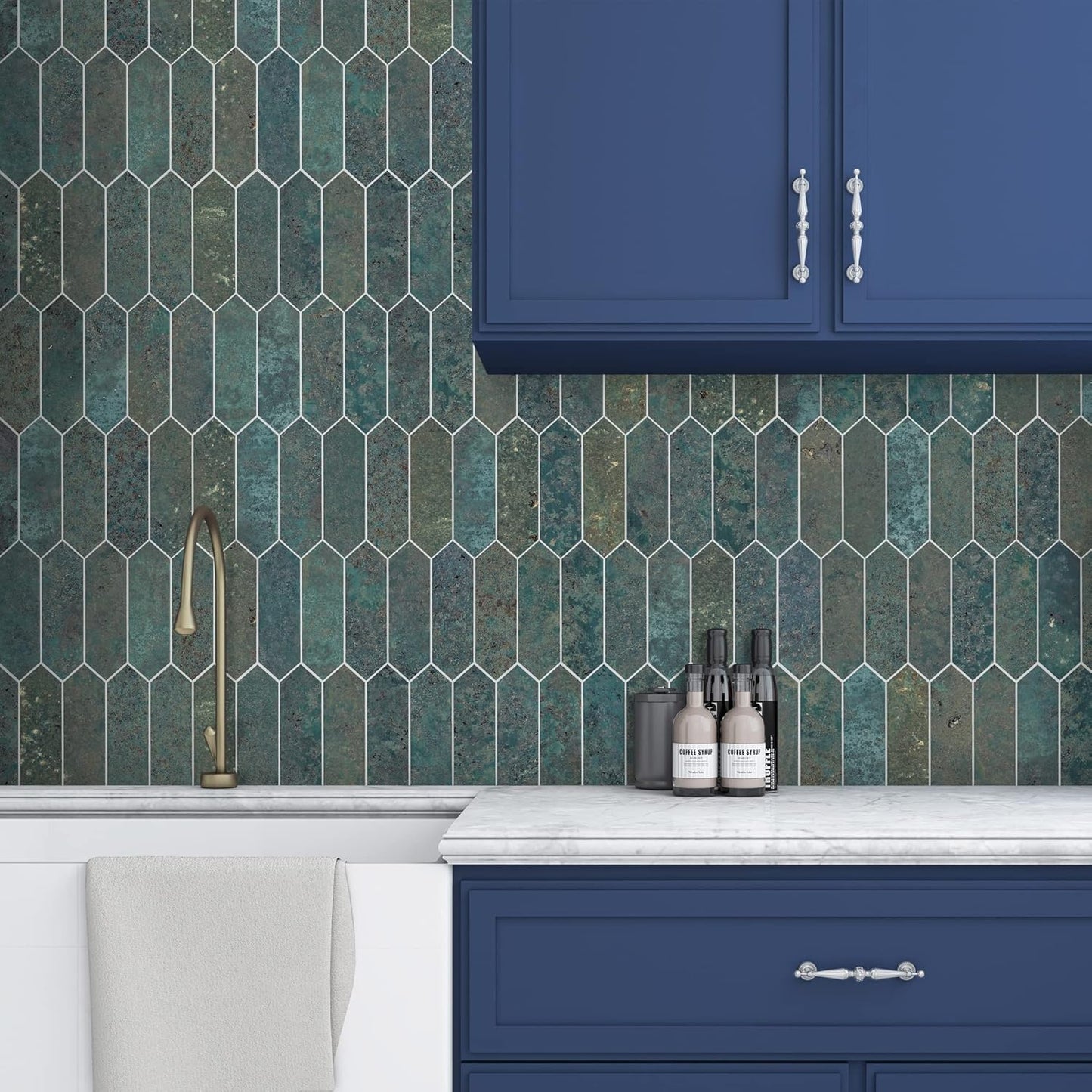 SUNWINGS Backsplash Tile for Kitchen Peel and Stick, Stone Composite Self Adhesive Tiles Faux Marble Pattern Long Hexagon Mosaic Wall Tile for Kitchen, 12 Inch x 11.22 Inch 10 Sheets Green