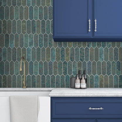 SUNWINGS Backsplash Tile for Kitchen Peel and Stick, Stone Composite Self Adhesive Tiles Faux Marble Pattern Long Hexagon Mosaic Wall Tile for Kitchen, 12 Inch x 11.22 Inch 10 Sheets Green