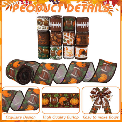 12 Rolls Fall Football Wired Edge Ribbon for Wreaths 2 Inch x 60 Yards Maple Leaves Pumpkin Football Print Ribbon Crafts for Thanksgiving Harvest Party Decorative Supplies, 12 Styles - Crafty Corner
