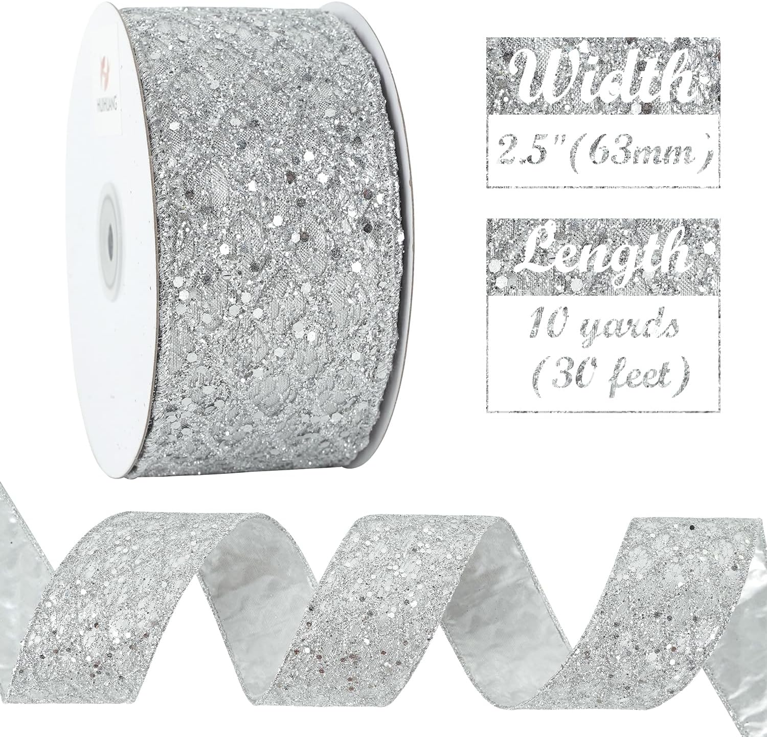 HUIHUANG Silver Glitter Wired Ribbon for Christmas Tree 2.5 inch Silver Diamond Mesh Ribbon for Tree Decoration, Wreaths, Garland, Gift Wrapping, Large Bows Making, Home Decor -10 Yards - Crafty Corner