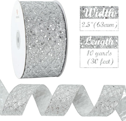HUIHUANG Silver Glitter Wired Ribbon for Christmas Tree 2.5 inch Silver Diamond Mesh Ribbon for Tree Decoration, Wreaths, Garland, Gift Wrapping, Large Bows Making, Home Decor -10 Yards - Crafty Corner