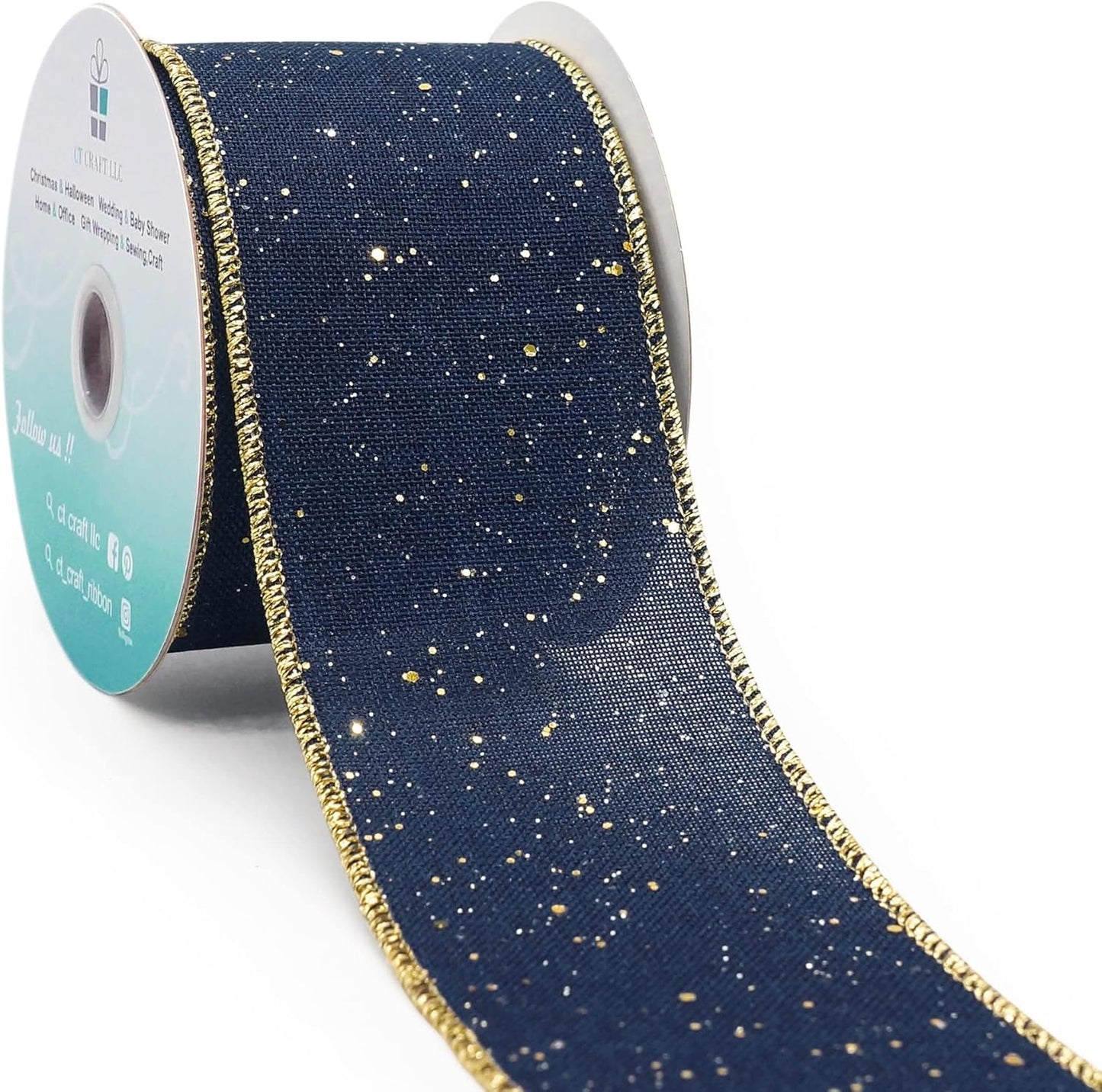 CT CRAFT LLC Blue Burlap Fabric Confetti Glitter Wired Ribbon 2.5" x 10 Yards Navy Color for Christmas Home Wedding Decor Gift Wrapping Tree Topper Bow Wreath Bouquet DIY Crafts - Crafty Corner
