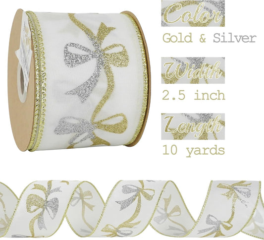 MEEDEE Gold & Silver Christmas Ribbon - 2.5 Inch White Satin with Glittery Bows Pattern - 10 Yards Wired Ribbon for Tree, Garlands & Toppers - Crafty Corner