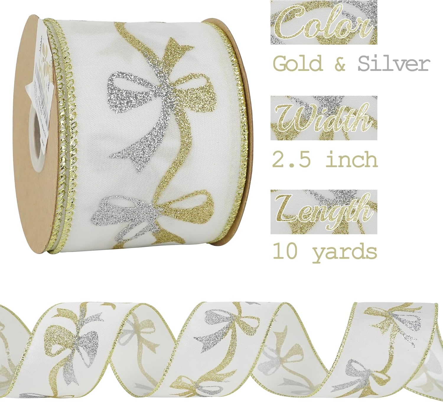 MEEDEE Gold & Silver Christmas Ribbon - 2.5 Inch White Satin with Glittery Bows Pattern - 10 Yards Wired Ribbon for Tree, Garlands & Toppers - Crafty Corner