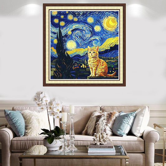 Findvoor Counted Cross Stitch Kits for Adults Full Range of Cross Stitching Embroidery Unprinted Pattern for Beginners, 11CT Needlepoint Kit Patterns Embroidery Kits-Cat Van Gogh Starry Sky 18x18 inch