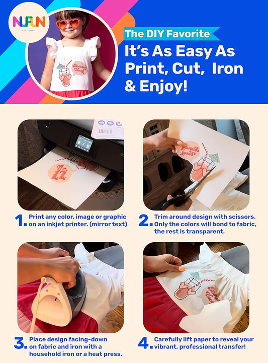 NuFun Activities Printable Iron-on Heat Transfer Paper for T Shirts, Light Fabrics, 6 Sheets 8.5 x 11 inch, Long Lasting, Durable, Professional Quality, Easy DIY, Non-Toxic, Made in The USA
