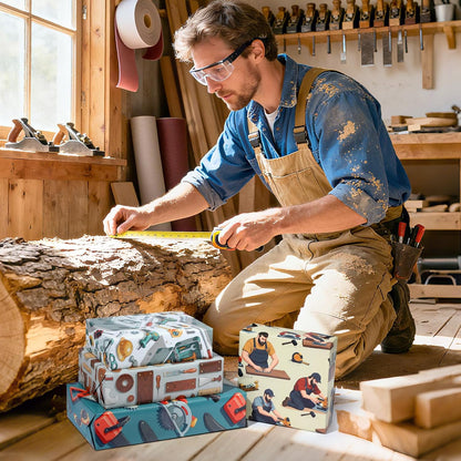 Pineraap 12 Sheets Carpenter Wrapping Paper, Woodworking Tools & Craftsman Printed Gift Wrap Decorative Craft Paper for DIY Projects, Birthdays, Father's Day, or Handyman Celebrations, 20 x 28 inch