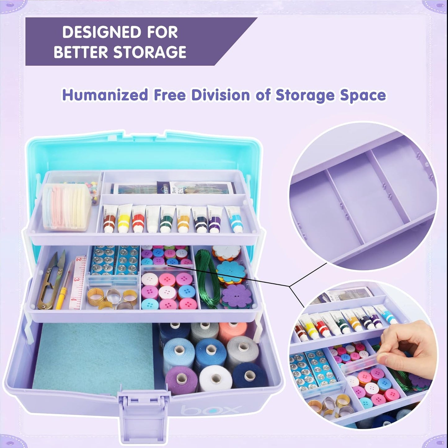12in Three-Layer Multipurpose Storage Box Organizer Folding Tool Box/Art & Crafts Case/Sewing Supplies Organizer/Medicine Box/Family First Aid Box with 2 Trays (Purple Blue)