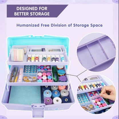 12in Three-Layer Multipurpose Storage Box Organizer Folding Tool Box/Art & Crafts Case/Sewing Supplies Organizer/Medicine Box/Family First Aid Box with 2 Trays (Purple Blue)