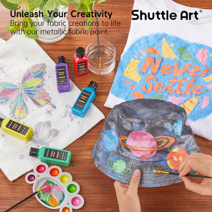 Metallic Fabric Paint, Shuttle Art 18 Metallic Colors Permanent Soft Fabric Paint in Bottles (60ml/2oz) with Brush and Stencils, Non-Toxic Textile Paint for T-shirts, Shoes, Jeans, Bags & DIY Projects