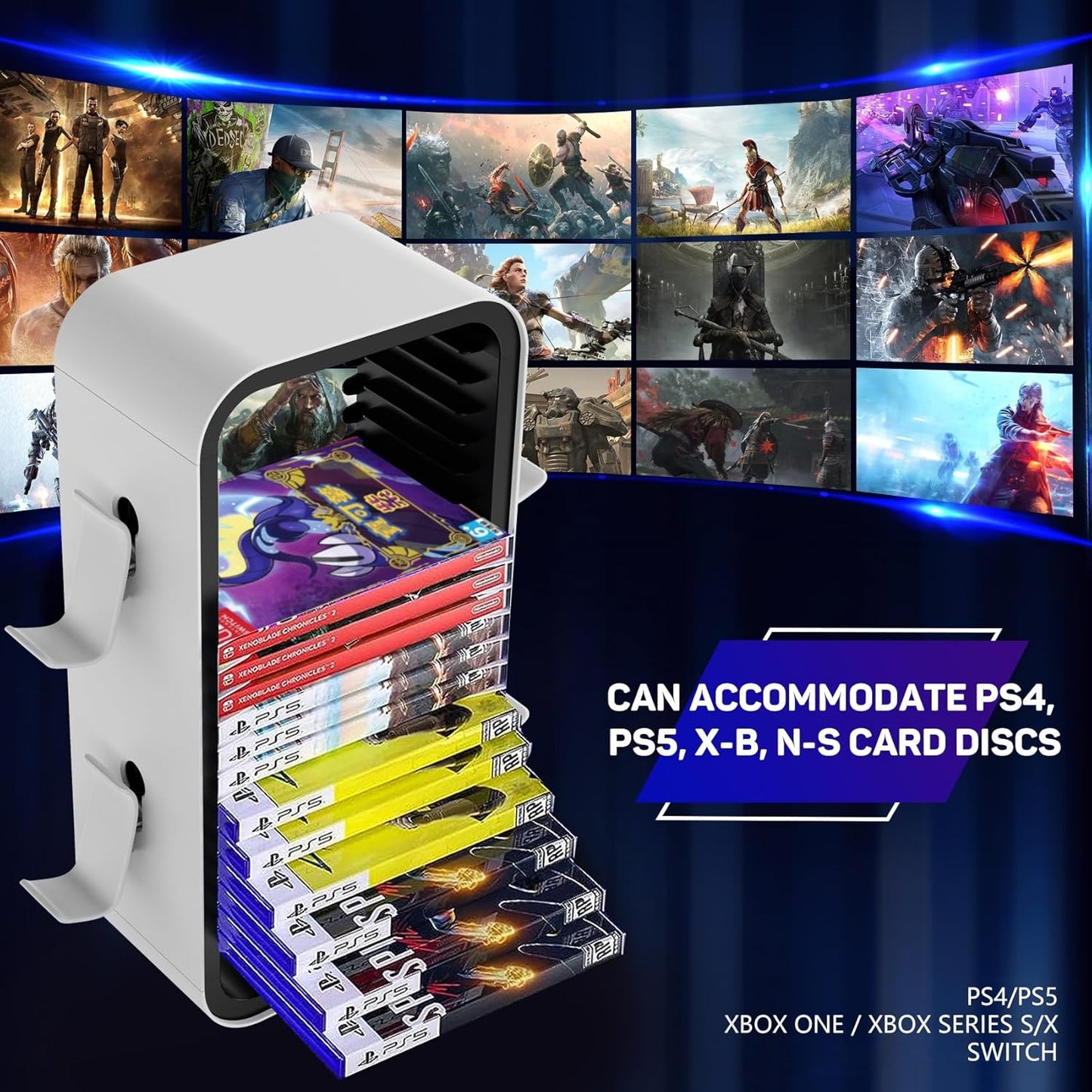 wigmoa OYO-1【15.8INCH】 game Storage Tower Compatible with PS5/ Xbox Series S & X/Switch, Universal Video Games Discs Organizers 18 PCS with 4 Controllers Holder, Game Disk Box Stand.(White/Black)