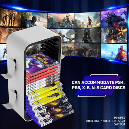wigmoa OYO-1【15.8INCH】 game Storage Tower Compatible with PS5/ Xbox Series S & X/Switch, Universal Video Games Discs Organizers 18 PCS with 4 Controllers Holder, Game Disk Box Stand.(White/Black)