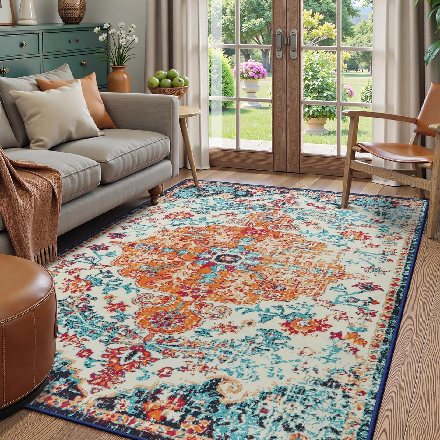 Lahome Bohemian Floral Medallion Area Rug - 5x7 Oriental Distressed Large Bedroom Rug, Soft Non-Slip Washable Dining Room Mat Indoor Throw Nursery Floor Carpet for Guest Room Entryway