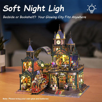 Miniature House Kit, Miniature Kit with Steam Train, Dollhouse Kit for Adults Teen, Mini House Building Kit for Birthday, Rail-Track Secluded City
