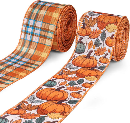 2 Rolls 2.5 Inch x 20 Yards Thanksgiving Fall Wired Ribbon for Crafts Wreath Bows Pumpkin Autumn Leaves Ribbons Orange Plaid Ribbon for Gift Wrapping Thanksgiving Party Home Decoration - Crafty Corner