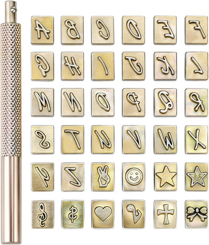 Yoption 37 Pieces Leathercarft Stamping Tool Set, 26 Letters Alphabet & 10 Patterns Stamping Tool 6mm +1 Stamping Handle for Leather Craft