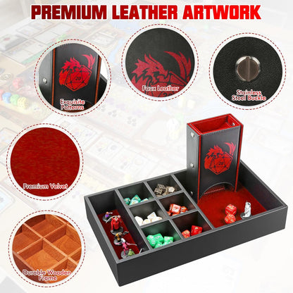 DND Dice Tray & Tower Storage Box, 4 in 1 D&D Dice Holder Case (Dice Rolling Tray, Dice Roller Tower, Dice & Miniature Storage), Great RPG Accessories Gifts for Dungeons and Dragons MTG DM & Player