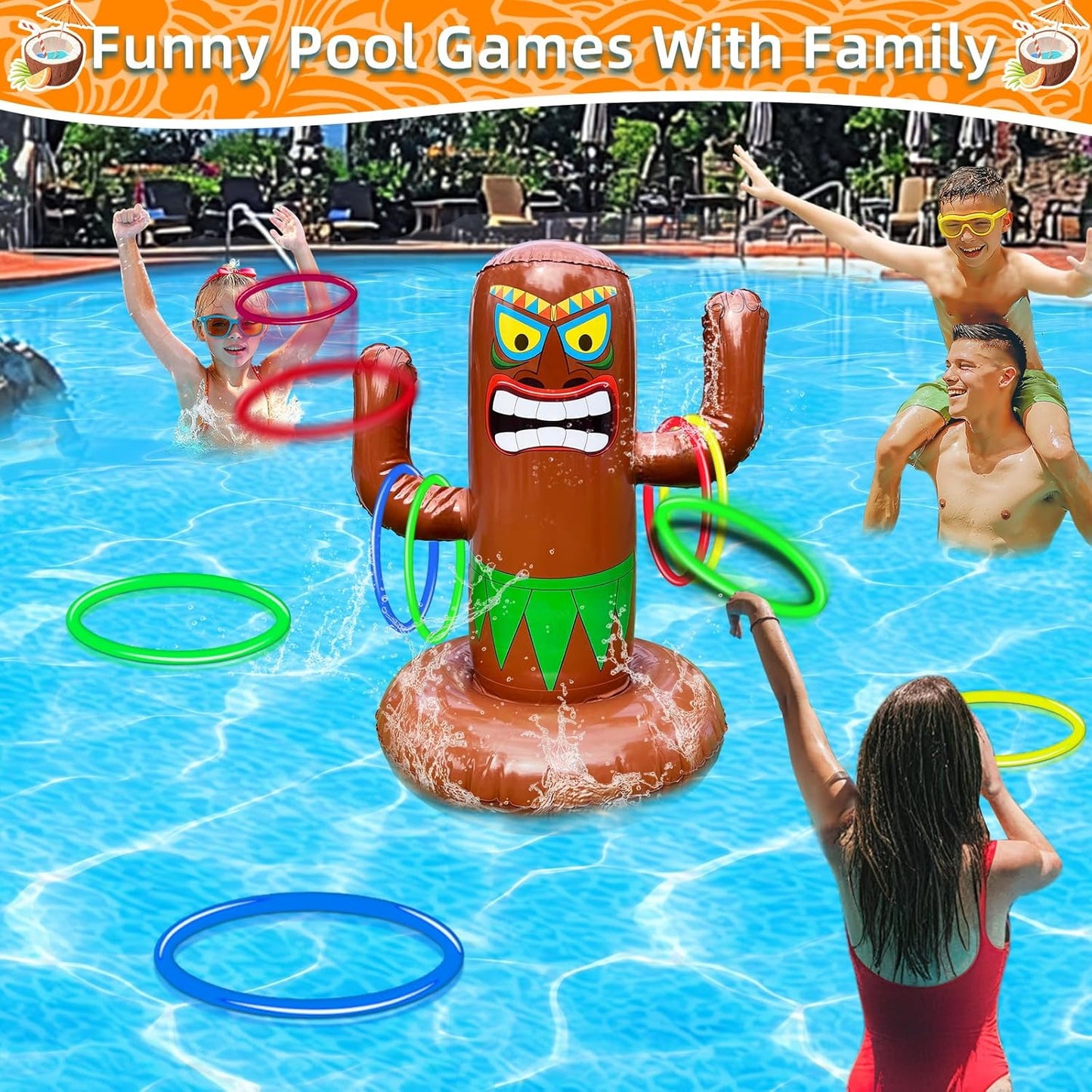 25" Inflatable Luau Tiki Pool Toss Games, Tiki Pool Ring Toss Toys with 4 Rings for Boys Girls Adults Indoor Outdoor Tropical Summer Swimming Inflatable Bean Bags Toss Hawaiian Luau Party Supplies