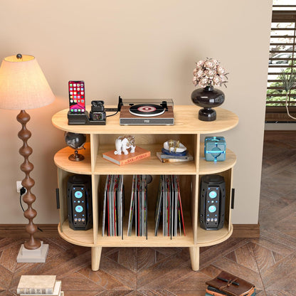 Large Round Record Player Stand with Charging Station & USB Ports，Record Storage Cabinet, Mid Century Modern Turntable Stand for Bedroom Living Room (Small Oak)