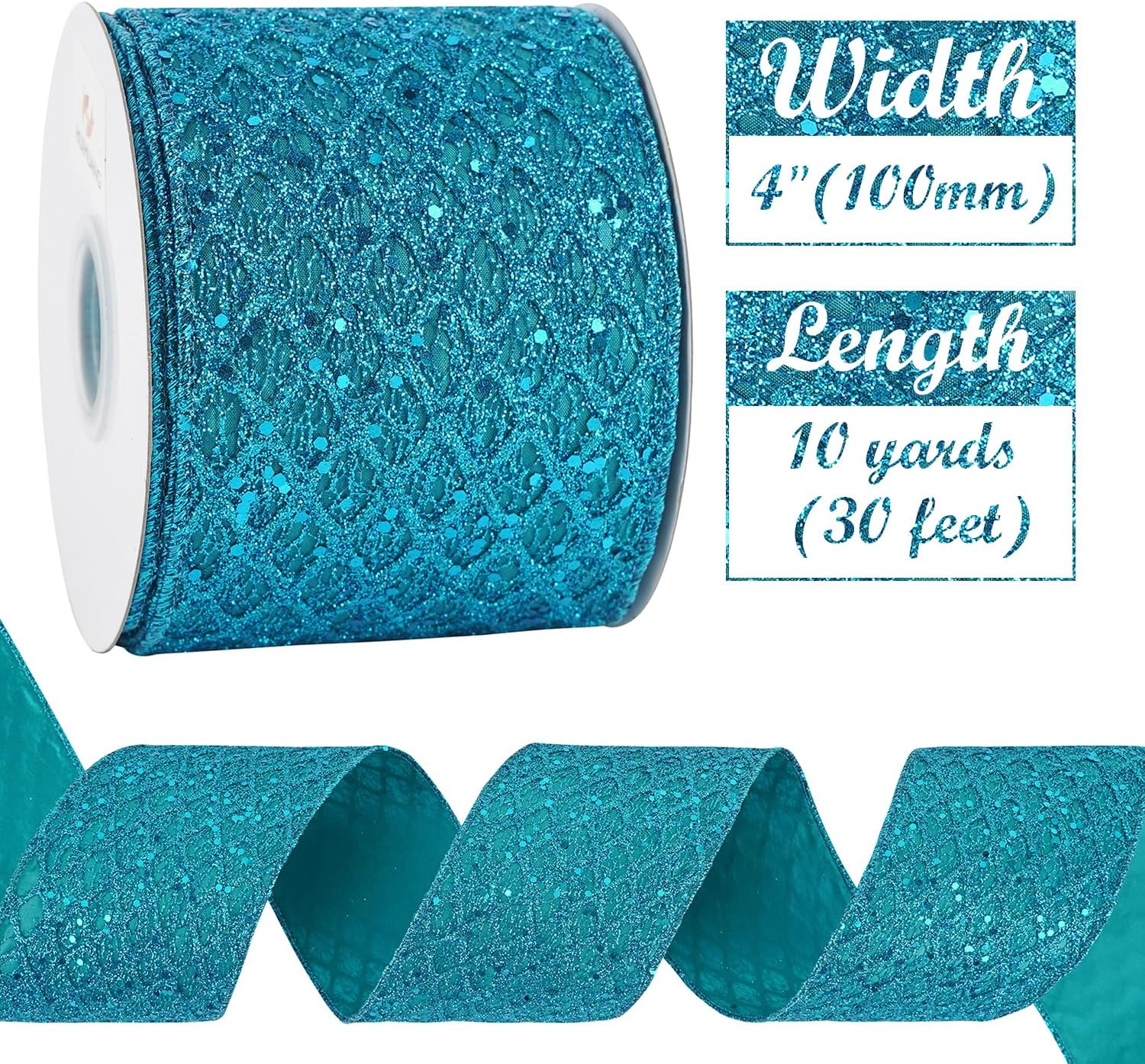 HUIHUANG Turquoise Glitter Wired Ribbon 4 inch Teal Christmas Tree Ribbon Diamond Mesh Wire Ribbon for Tree Decorations, Wreaths, Garland, Large Bows Making, Home Decor -10 Yards - Crafty Corner