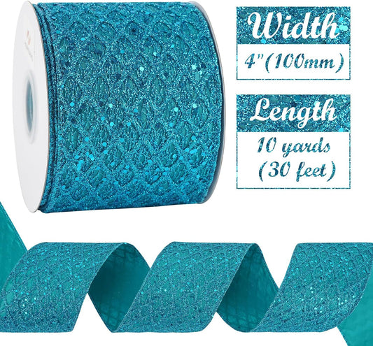 HUIHUANG Turquoise Glitter Wired Ribbon 4 inch Teal Christmas Tree Ribbon Diamond Mesh Wire Ribbon for Tree Decorations, Wreaths, Garland, Large Bows Making, Home Decor -10 Yards - Crafty Corner