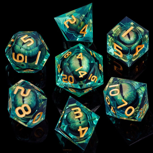 ARUOHHA DND Resin Dice Dragon Eye Liquid Core Polyhedral D and D Dice Set with Gift Box, Green Sharp Edged Dice Role Playing Game D20 D12 D10 D8 D6 D4