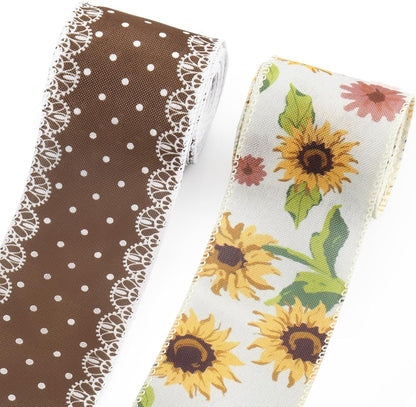2 Rolls Fall Flowers Craft Ribbons for Wreath Bows, 2.5"×10 Yards Wired Edge Ribbon Rustic Flowers Lace Burlap Ribbons for Crafting Sewing Supplies - Crafty Corner