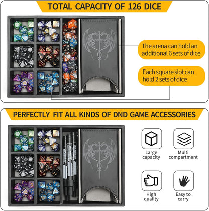 3 in 1 Dice Tray with Lid and Storage Tower, Portable Dice Box Holder for D&D RPG MTG Table Games - Gray