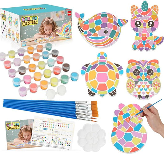 QANIY Stepping Stones Painting Kit for Kids Ages 4-12,5 Pack Outdoor Garden Stone Crafts,Outdoor Art & Craft Activity Set, Creative Gift for Boys & Girls