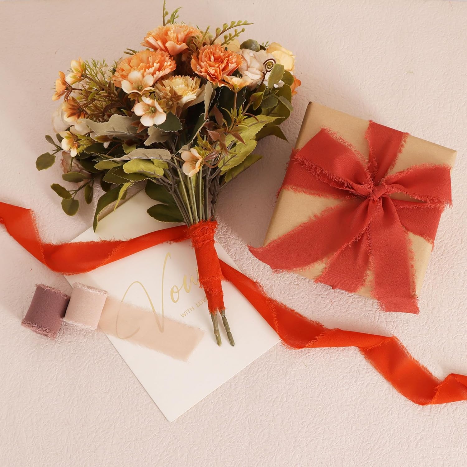 TONIFUL 4 Rolls Silk Chiffon Ribbon 1-1/2 Inch x 22 Yards,Orange Khaki Brown and Rust Handmade Fringe Terracotta Ribbon for Gift Wrapping Bridal Bouquets Crafts Wedding Fall Thanksgiving Decoration - Crafty Corner