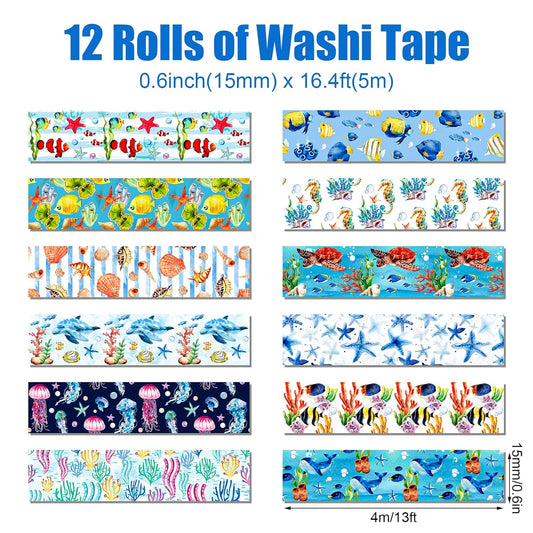 12 Rolls Blue Ocean Washi Tape, Underwater World Masking Tapes, Sea Animal Cartoon Decorative Tape for Arts, DIY Crafts, Journals, Planners, Scrapbook, Wrapping 16.4FT