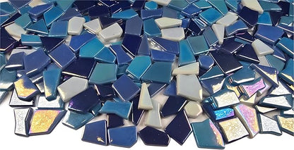 Irregular Glass Mosaic Tiles Bulk 500g Glossy and Iridescent Mosaic Glass Tiles for DIY Projects and Arts and Crafts Solid Colors and Mixes (Iridescent Dark Blue, Periwinkle & Sky Blue Mix)