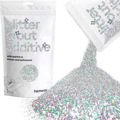 Hemway Glitter Grout Additive add Sparkle to Mosaic Tiles, Bathrooms, Wet Rooms, Kitchens, Tiled Based Rooms and Cement Based Grouts 100g / 3.5oz - Silver Holographic